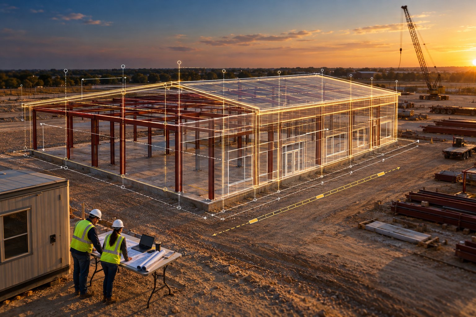 Elevated view of a partially framed red-iron commercial building at golden hour with a glowing gold wireframe of the finished building overlaid on the steel and a design team reviewing drawings on-site